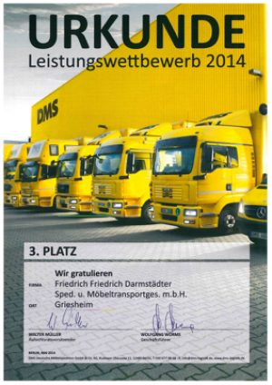 Dritter Platz beim alljährlichen Leistungswettbewerb der DMS (Deutsche Möbelspedition) für Friedrich Friedrich Darmstadt