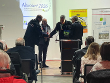 Jährlicher Neujahrsempfang des Gewerbevereins Griesheim, die Redner (v.l.n.r.): Oliver Gerheim, Herbert Pest, Bürgermeister Geza Krebs-Wetzl, Ladislaus Boldizar